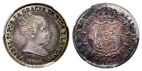 Elizabeth II (1833-1868). 1 real. 1848. Madrid. CL. (Cal-297). Ag. Old cabinet tone yet remaining some original luster. Slabbed by PCGS as MS 64. Only...