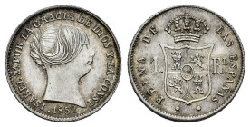 Elizabeth II (1833-1868). 1 real. 1852. Sevilla. (Cal-321). Ag. 1,28 g. XF. Est...50,00. 

Spanish Description: Isabel II (1833-1868). 1 real. 1852....