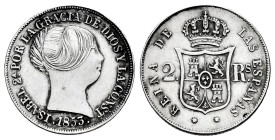 Elizabeth II (1833-1868). 2 reales. 1853. Barcelona. (Cal-345). Ag. 2,35 g. Cleaned. Choice VF. Est...65,00. 

Spanish Description: Isabel II (1833-...