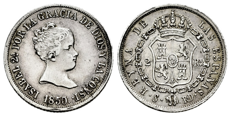 Elizabeth II (1833-1868). 2 reales. 1850/45. Sevilla. RD. (Cal-385). Ag. 2,50 g....