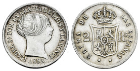 Elizabeth II (1833-1868). 2 reales. 1852. Sevilla. (Cal-390). Ag. 2,54 g. Almost XF. Est...80,00. 

Spanish Description: Isabel II (1833-1868). 2 re...