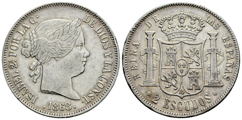 Elizabeth II (1833-1868). 2 escudos. 1868*18-68. Madrid. (Cal-648). Ag. 25,85 g....