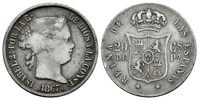 Elizabeth II (1833-1868). 2 centavos. 1867. Manila. (Cal-660). Ag. 5,09 g. Scarc...