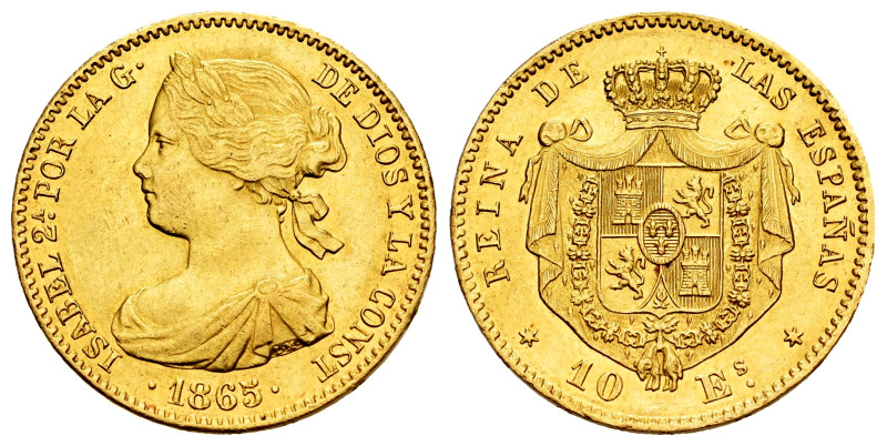 Elizabeth II (1833-1868). 10 escudos. 1865. Madrid. (Cal-810). Au. 8,36 g. It re...