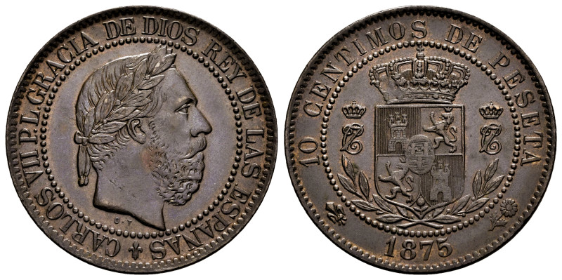 Carlos VII (1872-1876). 10 centimos. 1875. Oñate. (Cal-5). Ae. 10,08 g. AU. Est....