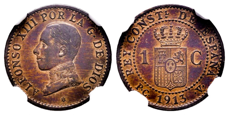 Alfonso XIII (1886-1931). 1 centimo. 1913*3. Madrid. PCV. (Cal-5). Ae. Slabbed b...