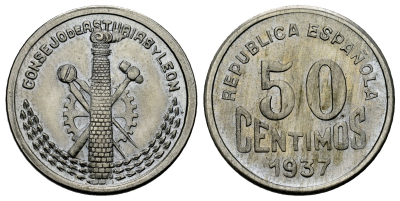 Civil War (1936-1939). 50 centimos. 1937. Asturias y León. (Cal-8). 2,68 g. Hair...