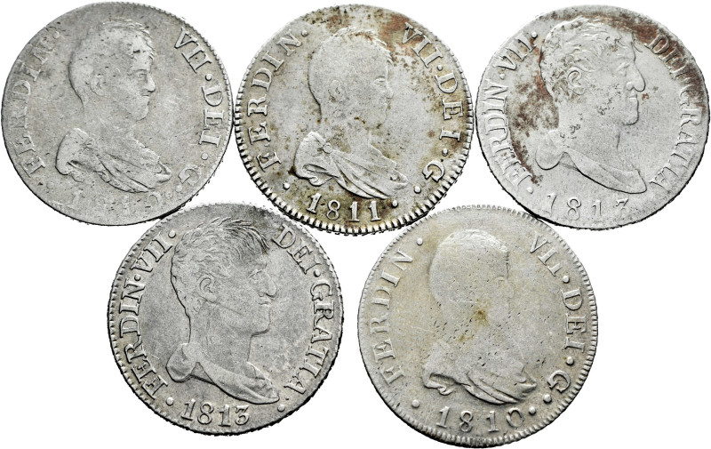 Lot of 5 coins of 2 reales of Ferdinand VII; Catalonia 1810 SF, 1810 FS and 1811...