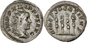 EMPIRE ROMAIN - ROMAN
Philippe Ier (244-249). Antoninien ND (247-249), Rome.
RIC.62 ; Billon - 3,76 g - 22 mm - 7 h
De flan large, avec un revers inté...