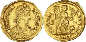 EMPIRE ROMAIN - ROMAN
Honorius (393-423). Solidus 402-406, Ravenne.
RIC.1287 ; Or - 4,41 g - 21 mm - 12 h
De flan large et belle frappe, un léger excé...