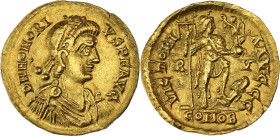 EMPIRE ROMAIN - ROMAN
Honorius (393-423). Solidus 402-406, Ravenne.
RIC.1287 ; Or - 4,46 g - 20 mm - 6 h
Ex bijouterie. D’aspect nettoyé. TTB à Superb...