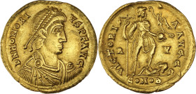 EMPIRE ROMAIN - ROMAN
Honorius (393-423). Solidus 402-406, Ravenne.
RIC.1287 ; Or - 4,46 g - 20,5 mm - 12 h
Ex bijouterie. D’aspect nettoyé. TTB à Sup...