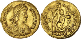 EMPIRE ROMAIN - ROMAN
Honorius (393-423). Solidus 402-406, Ravenne.
RIC.1287 ; Or - 4,46 g - 20 mm - 6 h
Ex bijouterie. D’aspect nettoyé. TTB à Superb...