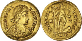 EMPIRE ROMAIN - ROMAN
Honorius (393-423). Solidus 402-406, Ravenne.
RIC.1287 ; Or - 4,48 g - 20,5 mm - 6 h
Ex bijouterie. D’aspect nettoyé. TTB à Supe...