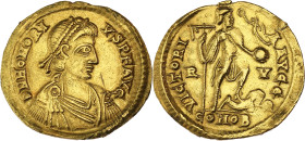 EMPIRE ROMAIN - ROMAN
Honorius (393-423). Solidus 402-406, Ravenne.
RIC.1287 ; Or - 4,44 g - 20,5 mm - 12 h
Ex bijouterie. D’aspect nettoyé. TTB à Sup...