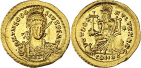 EMPIRE ROMAIN - ROMAN
Théodose II (402-450). Solidus 430-440, Constantinople, 5e officine.
RIC.X.257 ; Or - 4,45 g - 20,5 mm - 6 h
De légers graffitis...