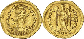 EMPIRE ROMAIN - ROMAN
Marcien (450-457). Solidus ND, Constantinople, 1ère officine.
RIC.510 ; Or - 4,42 g - 19,5 mm - 6 h
D’usure régulière avec quelq...