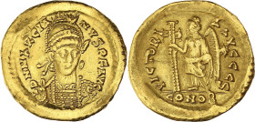 EMPIRE ROMAIN - ROMAN
Marcien (450-457). Solidus ND, Constantinople, 6e officine.
RIC.510 ; Or - 4,39 g - 21 mm - 6 h
Frottements et rayure au revers....