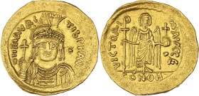 EMPIRE BYZANTIN - BYZANTINE
Maurice Tibère (582-602). Solidus ND, Constantinople, 5e officine.
BC.478 ; Or - 4,18 g - 20,5 mm - 6 h
Avec une couleur d...
