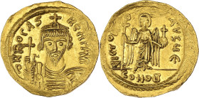 EMPIRE BYZANTIN - BYZANTINE
Phocas (602-610). Solidus ND, Constantinople, 5e officine.
BC.616 ; Or - 4,36 g - 20,5 mm - 7 h
La frappe légèrement décen...