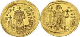 EMPIRE BYZANTIN - BYZANTINE
Phocas (602-610). Solidus ND, Constantinople, 8e officine.
BC.616 ; Or - 4,44 g - 20,5 mm - 8 h
De flan large, à la frappe...