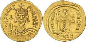 EMPIRE BYZANTIN - BYZANTINE
Phocas (602-610). Solidus ND, Constantinople, 10e officine.
BC.616 ; Or - 4,34 g - 20,5 mm - 8 h
De style particulier. Bel...