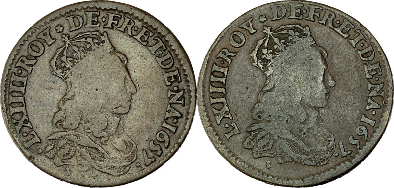 FRANCE / CAPÉTIENS - FRANCE / ROYAL
Louis XIV (1643-1715). Liard avec double ave...