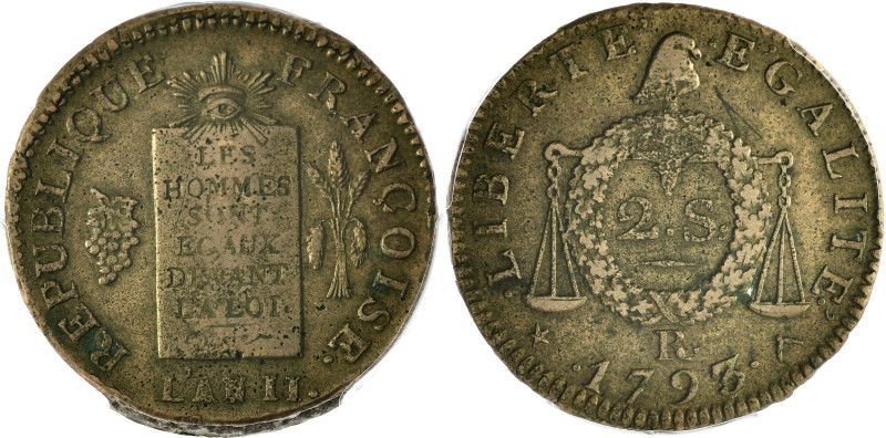 FRANCE
Convention (1792-1795). 2 sols à la balance daté 1793, R, Orléans.
G.31 ;...