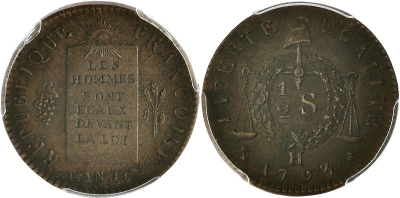 FRANCE
Convention (1792-1795). 1/2 sol aux balances, refrappe 1793 - An II, H, L...