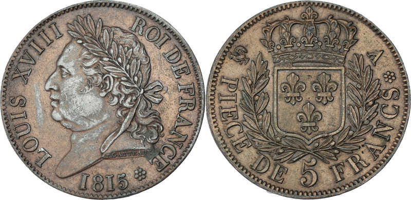 FRANCE
Louis XVIII (1814-1824). Épreuve de 5 francs par Gatteaux 1815, A, Paris....