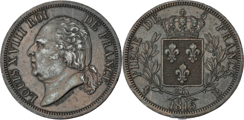 FRANCE
Louis XVIII (1814-1824). Épreuve de 5 francs par Michaut 1815, B, Rouen.
...