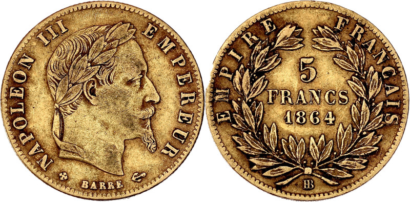 FRANCE
Second Empire / Napoléon III (1852-1870). 5 francs tête laurée 1864, BB, ...