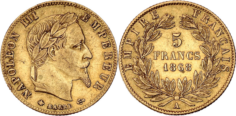 FRANCE
Second Empire / Napoléon III (1852-1870). 5 francs tête laurée 1868, A, P...