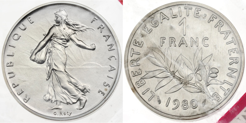 FRANCE
Ve République (1958 à nos jours). Piéfort de 1 franc Semeuse en argent 19...