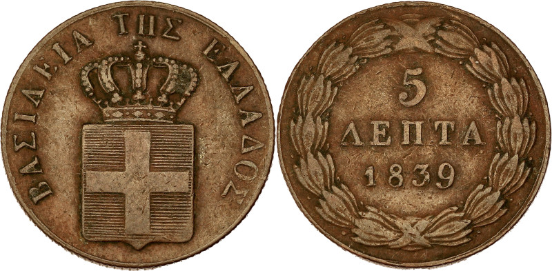 GRÈCE - GREECE
Othon Ier (1832-1862). 5 lepta 1839, Athènes.
KM.16 ; Cuivre - 6,...