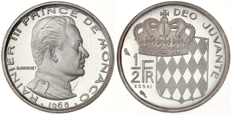 MONACO
Rainier III (1949-2005). Essai du 1/2 franc en argent, flan bruni 1965, P...