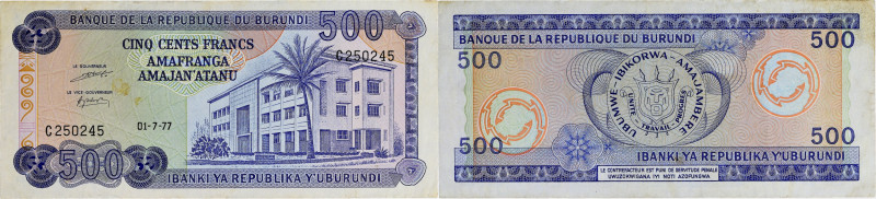 BURUNDI
500 francs 1-7-1977.
P.30a.
Alphabet C - numéro 250245, type rare et rec...