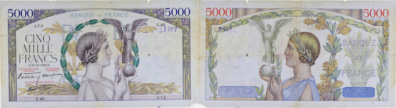 FRANCE
5000 francs Victoire modifié type “Taille douce” 13-10-1938.
P.91 - F.45....