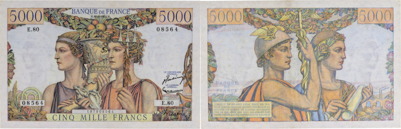 FRANCE
5000 francs type 1949 “Terre et mer” 16-8-1951.
P.131c - F.48.05.
Alphabe...