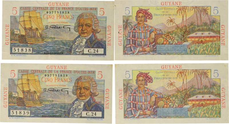 GUYANE FRANÇAISE - FRENCH GUIANA
Lot (2) - 5 francs type “Bougainville” avec num...