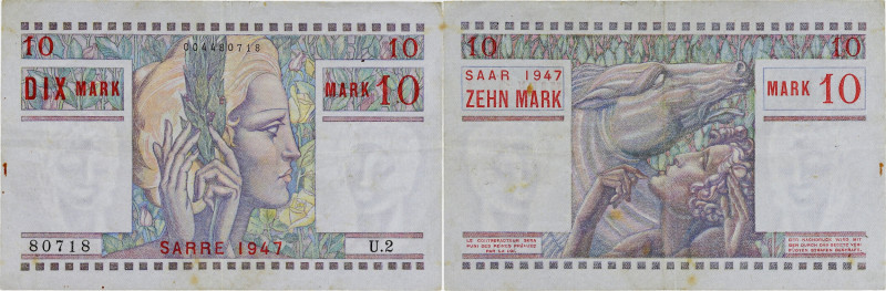 SARRE - SAAR
10 mark 1947.
P.saar 06 - VF.47.01.
Alphabet U.2 - numéro 80718, ty...