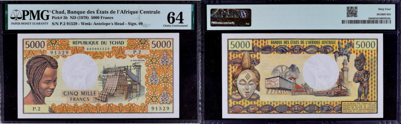 TCHAD - CHAD
5000 francs ND (1978).
P.5b.
Alphabet P.2 - numéro 91529, avec le p...