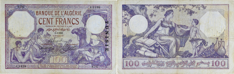 TUNISIE - TUNISIA
100 francs 8-2-1933.
P.10b.
Alphabet J.1128 - numéro 876, type...