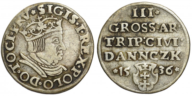 Zygmunt I Stary, Trojak Gdańsk 1536

Odmiana z popiersiem z węższą głową. 
Wa...