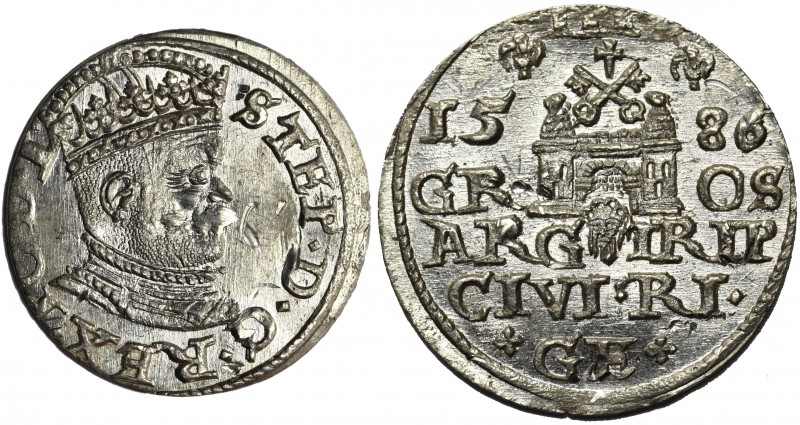Stefan Batory, Trojak Ryga 1586
Odmiana z małą głową króla, z rombem na końcu n...
