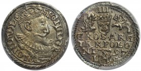 Zygmunt III Waza, Trojak Olkusz 1597 - PCGS MS63
Wariant z POLONI i L w legendzie awersu. 
Menniczy w pięknej patynie. Najwyższa nota w rejestrze PC...