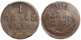 Księstwo Warszawskie, 1 grosz 1811 IS - PCGS AU55

Wariant z szeroko rozstawionymi cyframi daty. 
Atrakcyjny, ponadprzeciętny stan zachowania, doce...
