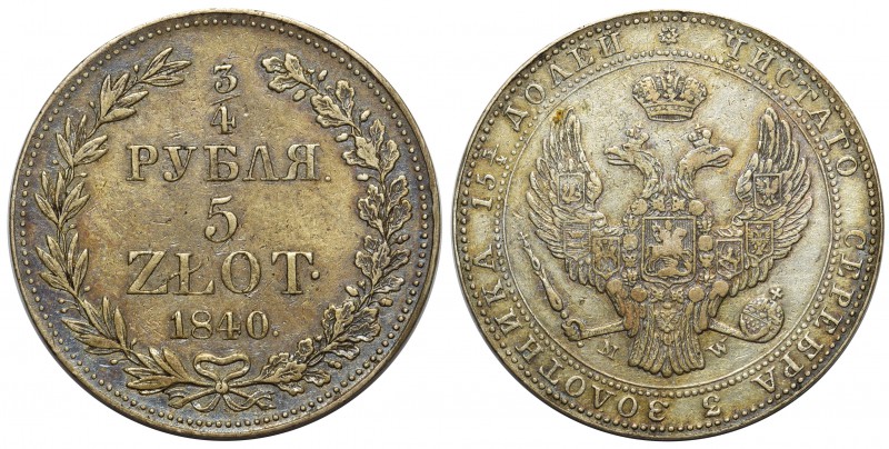 3/4 rubla = 5 złotych 1840 MW, Warszawa

Ogon orła gęsto ułożony. 
Ładna sztu...