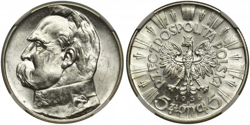 Piłsudski 5 złotych 1936 - NGC MS62

Menniczy egzemplarz z intensywnym połyski...
