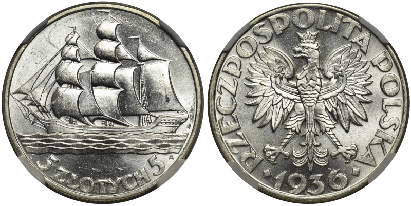 Żaglowiec 5 złotych 1936 - NGC MS62

Pięknie zachowany egzemplarz z intensywny...